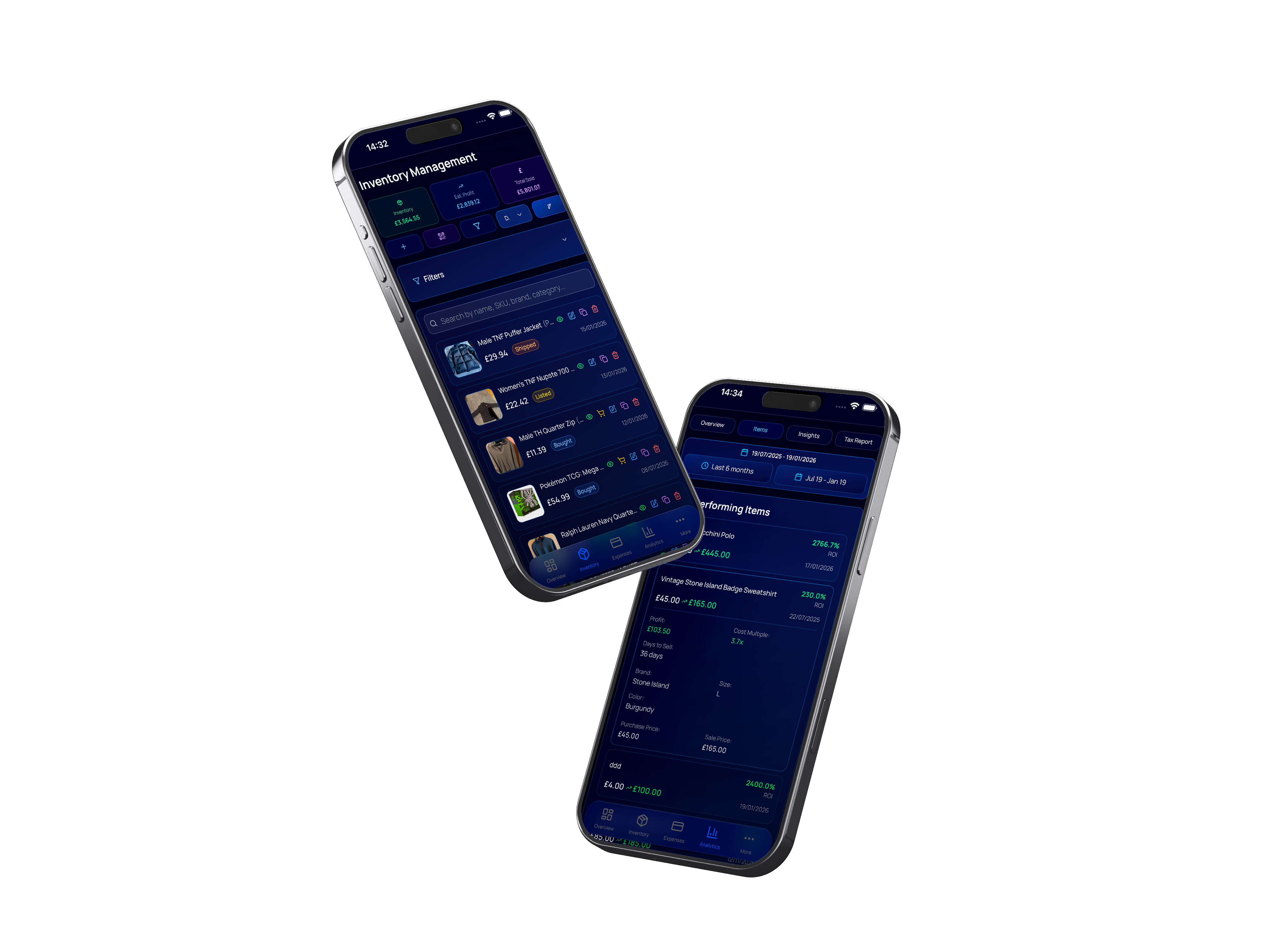 Resell Vault app expenses tracking view